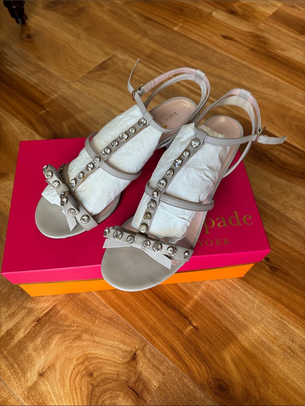 kate spade Studded T-Strap Sandals in cream color